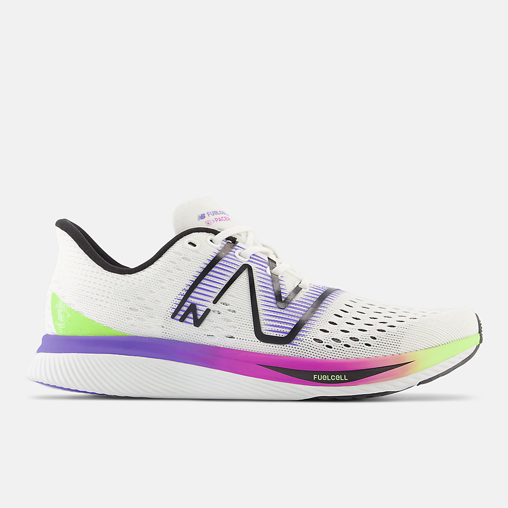 New Balance FuelCell SuperComp Pacer Shoes White with Electric Indigo and Thirty Watt